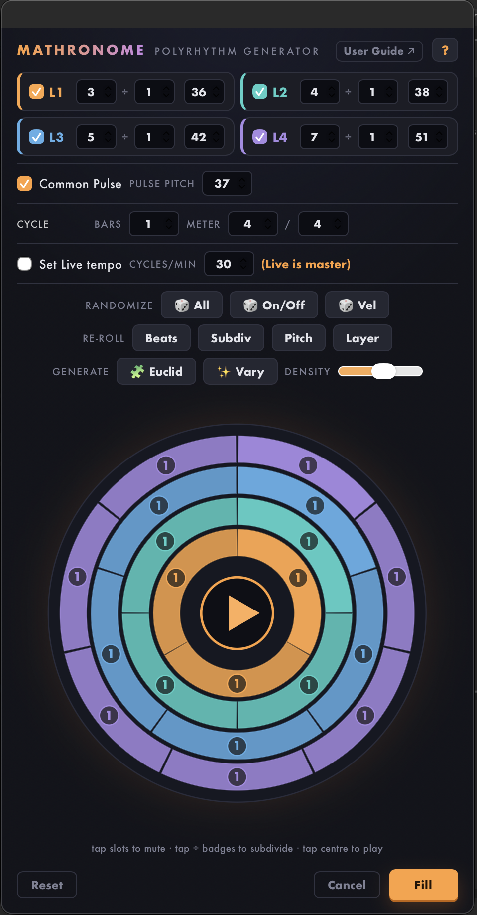 MathRonome for Live four-layer extension dialog